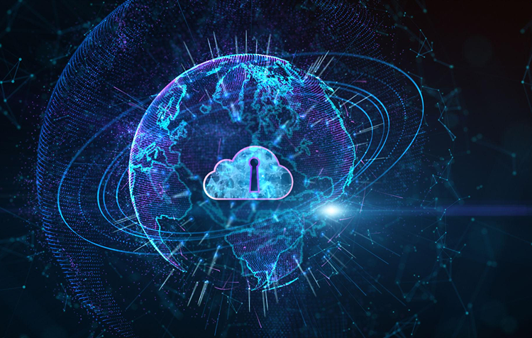 Cloud security globe with cloud lock visualization